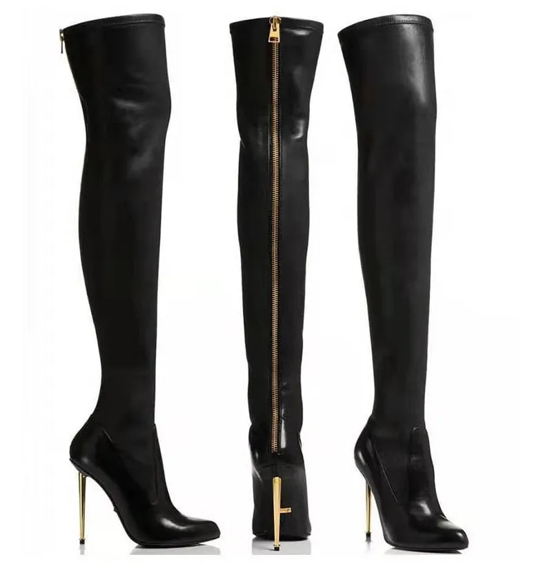 Leather Over The Knee Zipper Long Boots With Thin Heel